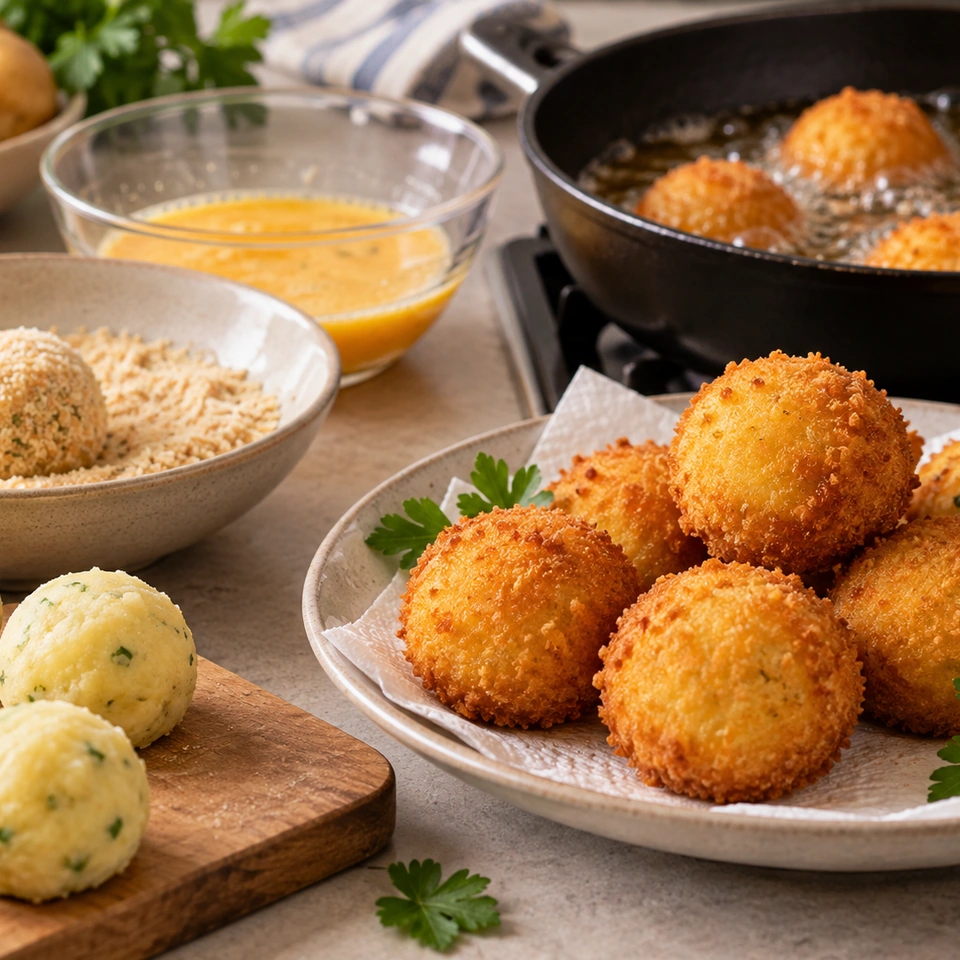 Breading potato portions and frying croquettes