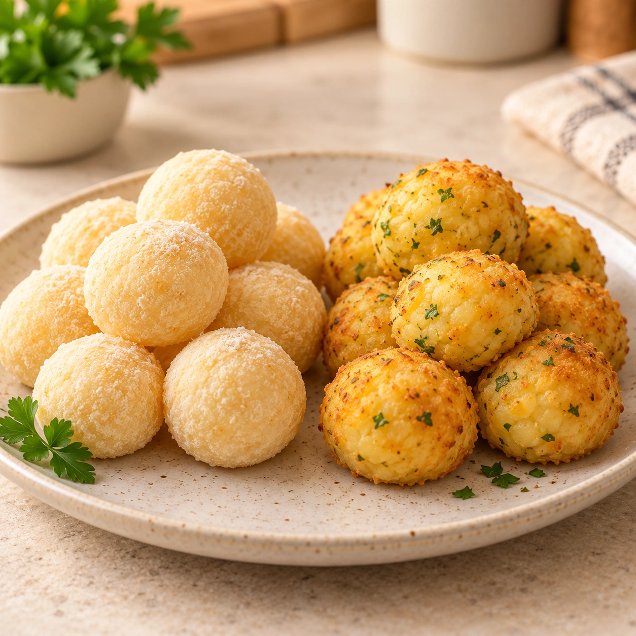 Cheese-and-flour and potato-and-cheese balls on a plate