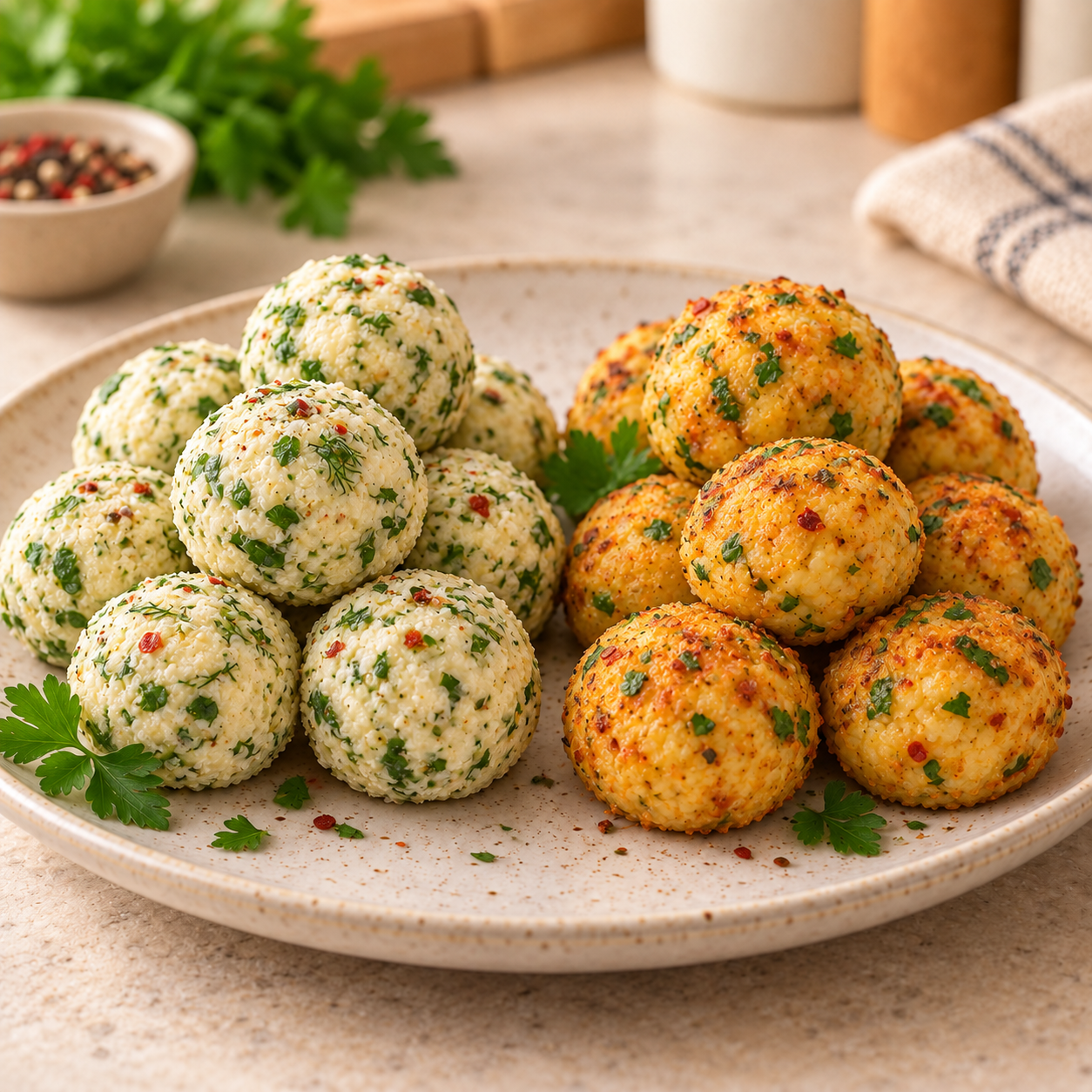 Mixed-ingredient balls with herbs and spices on a plate