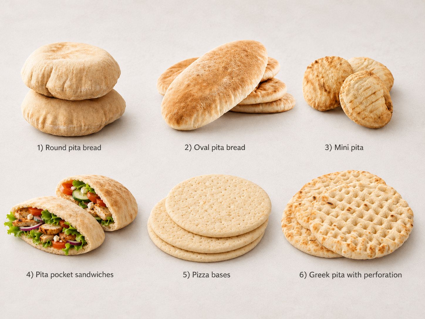 Pita product list: round, oval, mini, pocket sandwiches, Greek pita with perforation and pizza bases